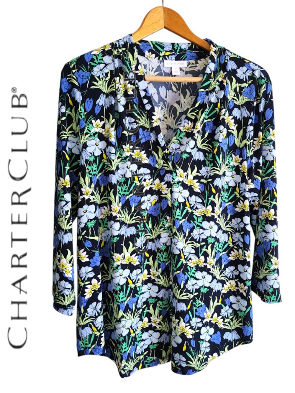 Charter Club L Mid Sleeve Blouse Top Black Floral Patterned